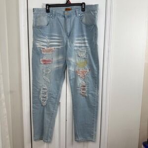 Bleecker & Mercer Y2K Mens Light Wash Distressed Patchwork Slim Jeans 40/32
